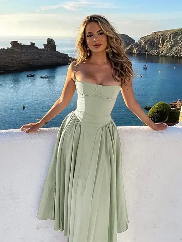 Women Sexy Solid Sling Midi Dress Fashion Sleeveless Backless Pleated Hem Dresses Summer Female Party Evening A-line Robes Light Green