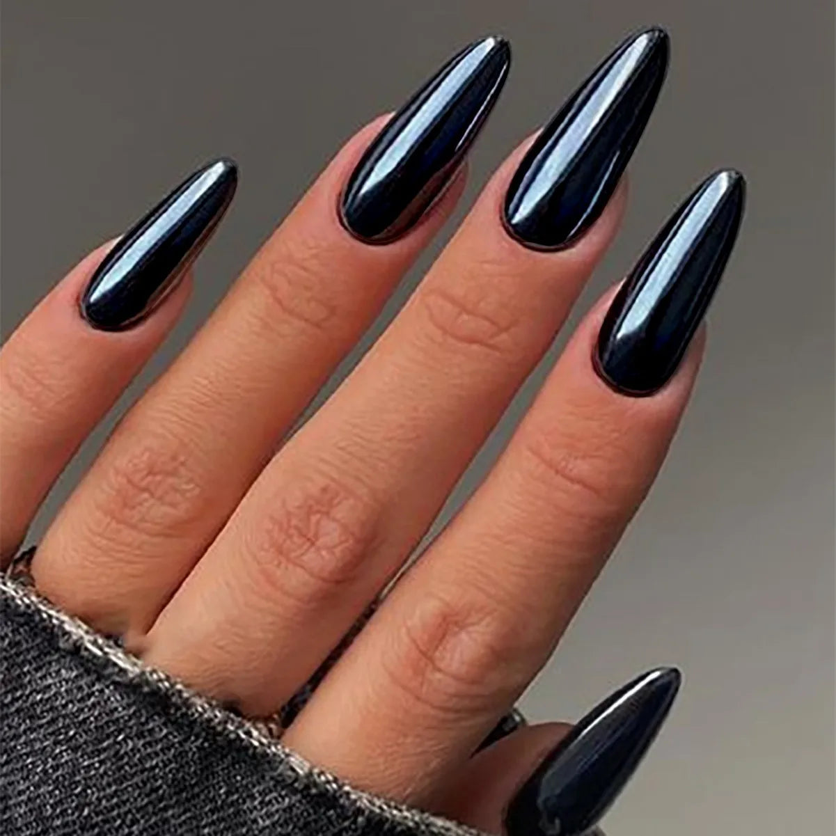 24pc/set Medium almond fake nails metallic mirror red black purple blue golden tips faux ongles y2k press on acylic false nail 1077