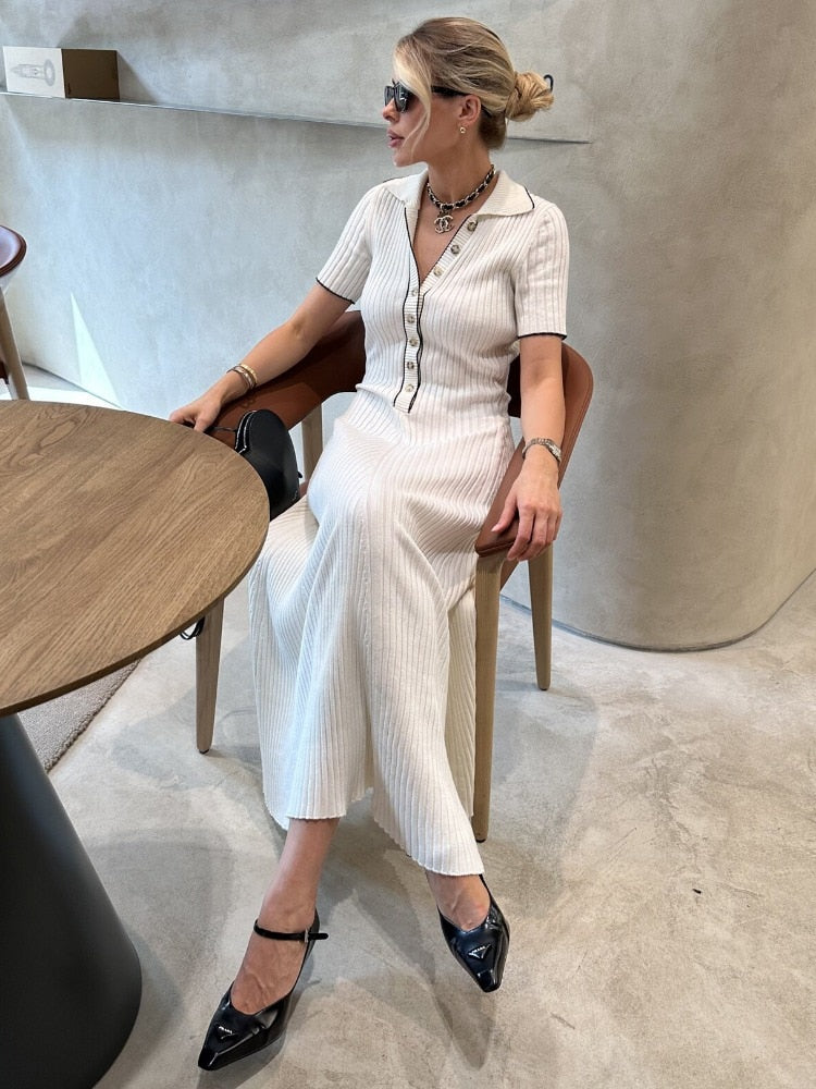 Tossy White Knit Fashion Maxi Dress Women Short Sleeve Patchwork Elegant Party Dress Knitwear Lapel High Street Women's Dress
