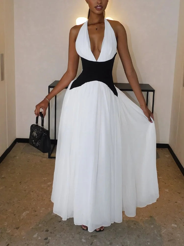 Elegant Contrasting Woman Long Dresses New Summer Sexy V Neck High Waist A-line Midi Vestidos Lady Evening Sleeveless Club Robes black and white