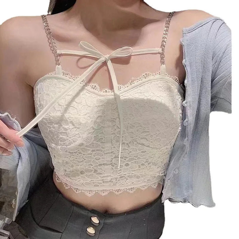 Camisole Women Solid Sexy Ladies Korean Style Popular Lace Design Chic Newest Hot All-match Off Shoulder Inside Minimalist Tops