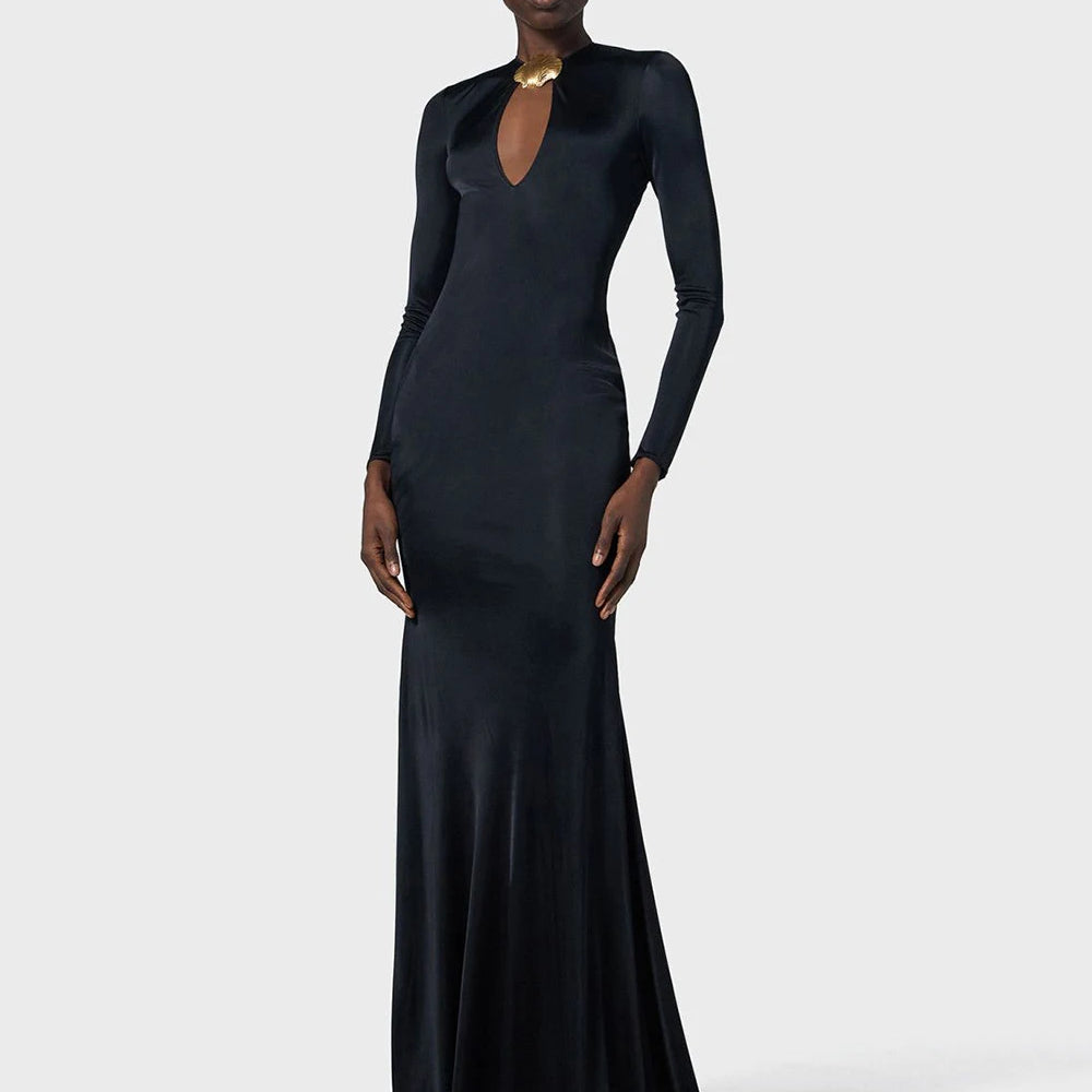 Elegant Solid Women Long Sleeved Floor Length Dress Sexy Party Backless Slim Female Maxi Dresses 2025 Summer New Chic Lady Robe