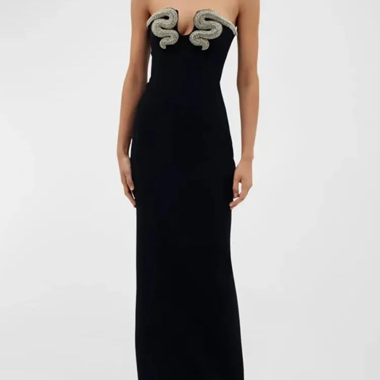 Women Celebrity Sexy Strapless Backless Diamonds Black Maxi Long Bodycon Bandage Dress Elegant Evening Club Party Dress black