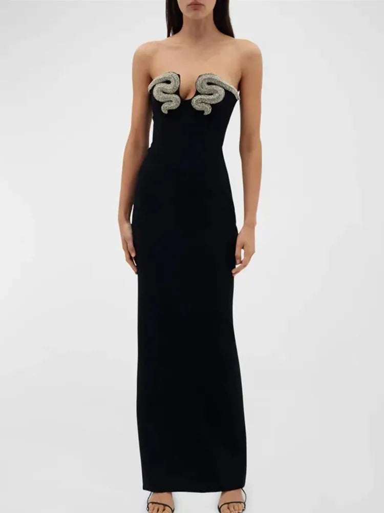 Women Celebrity Sexy Strapless Backless Diamonds Black Maxi Long Bodycon Bandage Dress Elegant Evening Club Party Dress black