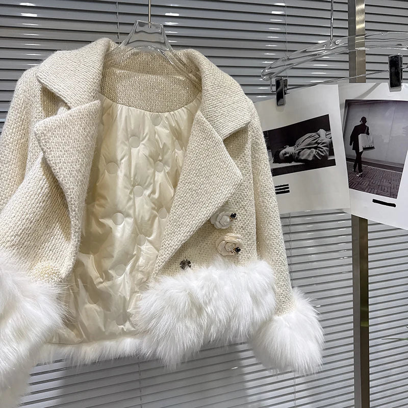 Winter New Fashion High-end Fox Fur Patchwork Woolen Suit Collar Cotton Short Coat For Women Elegant Jacket 11A07690