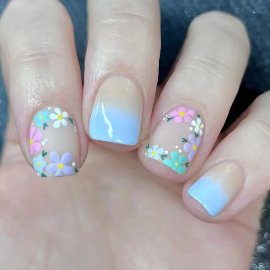 24Pcs Sweet Floral Short Square False Nails with Glue Solid Color Press on Acrylic Nails Simple French Full Cover Fake Nail Tips 1