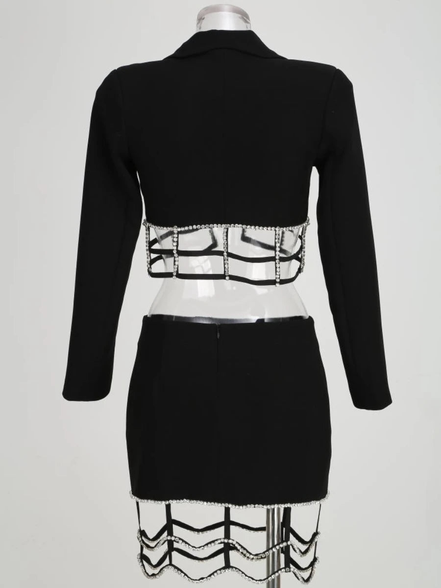 Solid Slimming Spliced Bead Two Piece Sets for Women Lapel Long Sleeves Top High Waist Skirt Hollow Out Set Female