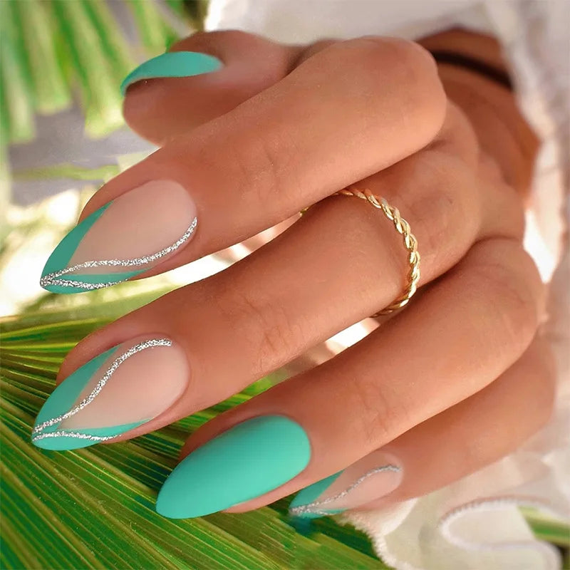24Pcs Mid-length Almond Press on Fake Nails with Green French Shiny Powder Stripe False Nails Detachable Full Cover Nail Tip Art XB-107-91