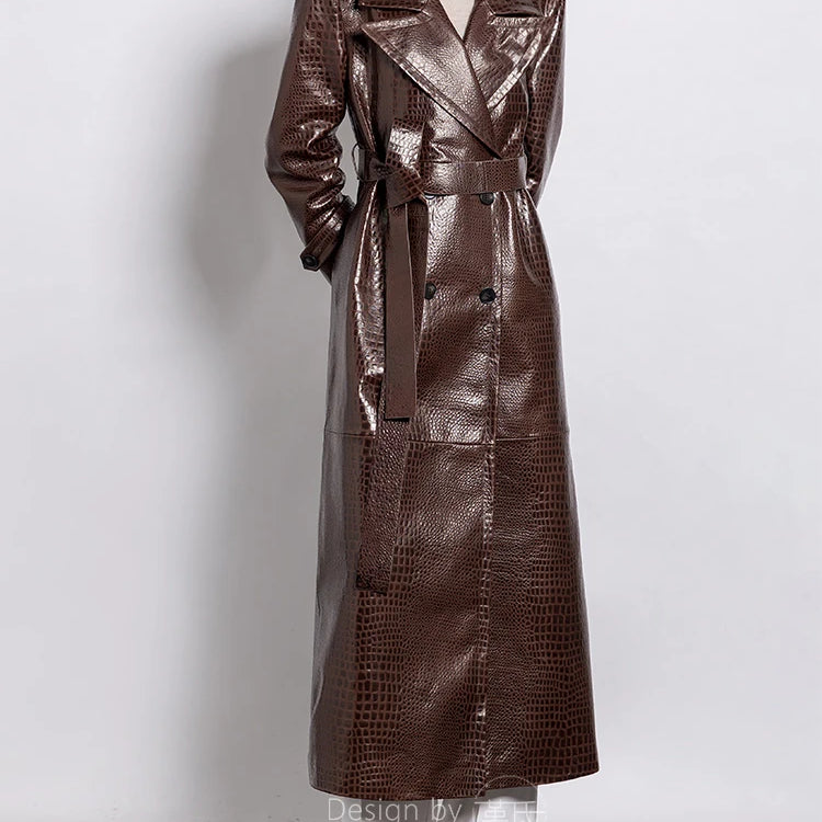 Lautaro Spring Autumn Long Shiny Reflective Crocodile Print Patent Faux Leather Trench Coat for Women Luxury Designer Clothes