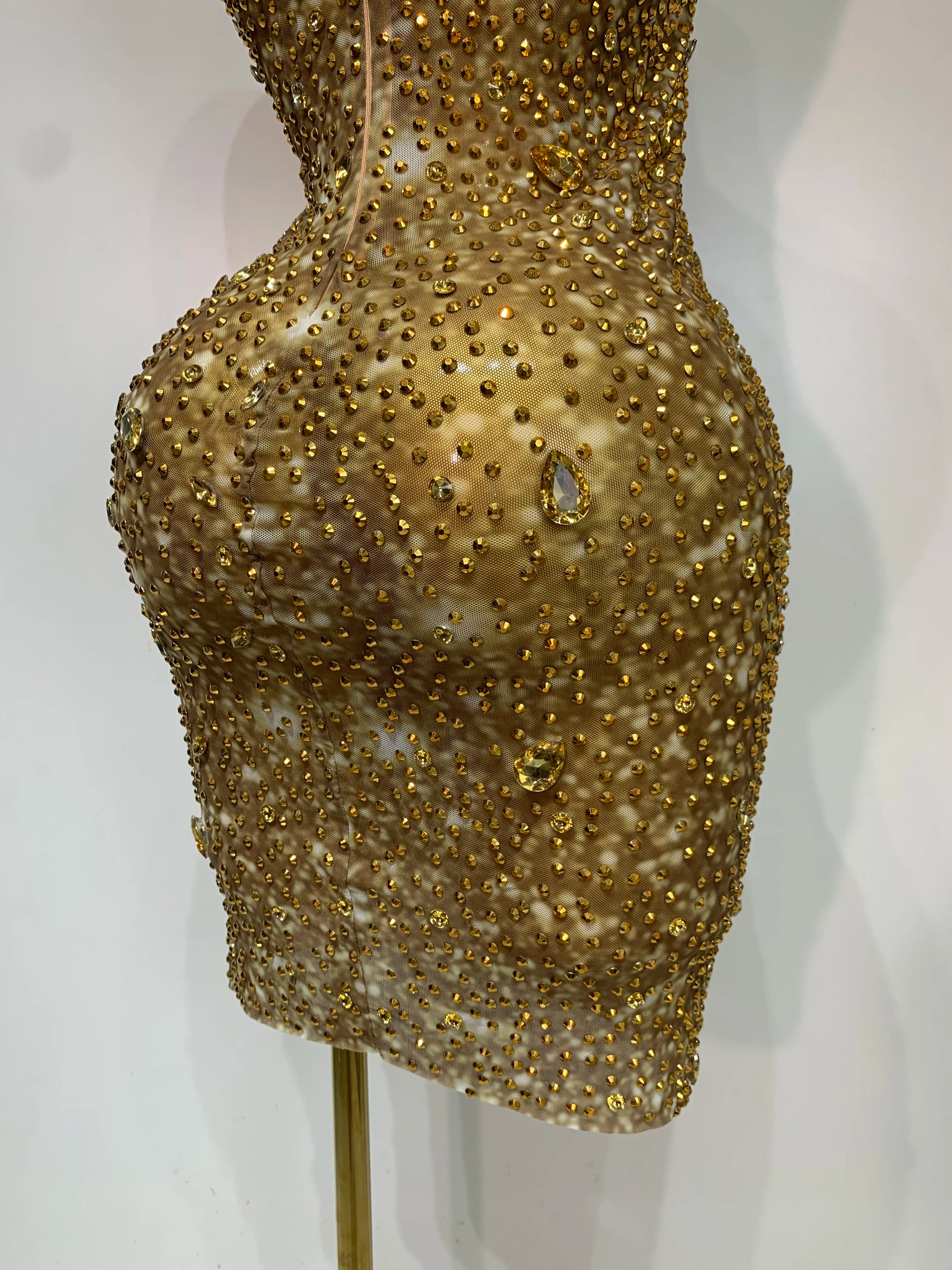 Women Sexy Stage Perform Outfit Club Gown Shining Gold Rhinestones Elegant Mesh Dress Birthday Evening Party Photoshoot Costume