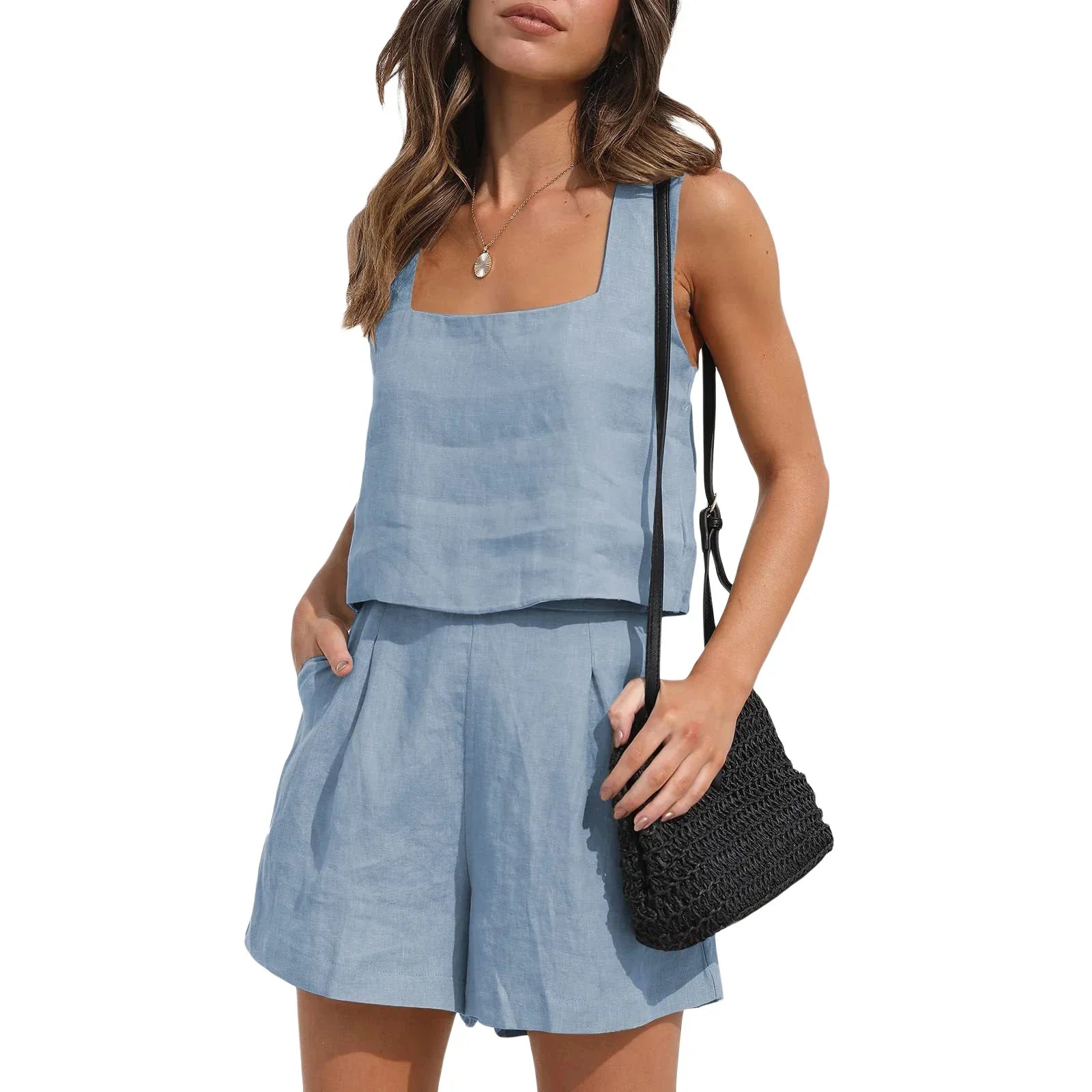 Short Suit Women 2 Pieces Set Vest Shorts Outfit Solid Color Sleeveless Spring Summer Pockets Casual Daily Linen Female Clothing Light Blue