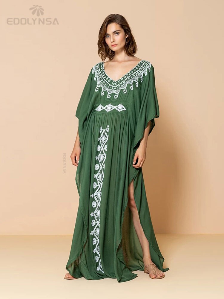 Plus Size Kaftan Tunic Beach Dress Swim Wear Bathing Suit Cover Up 1052-green One Size