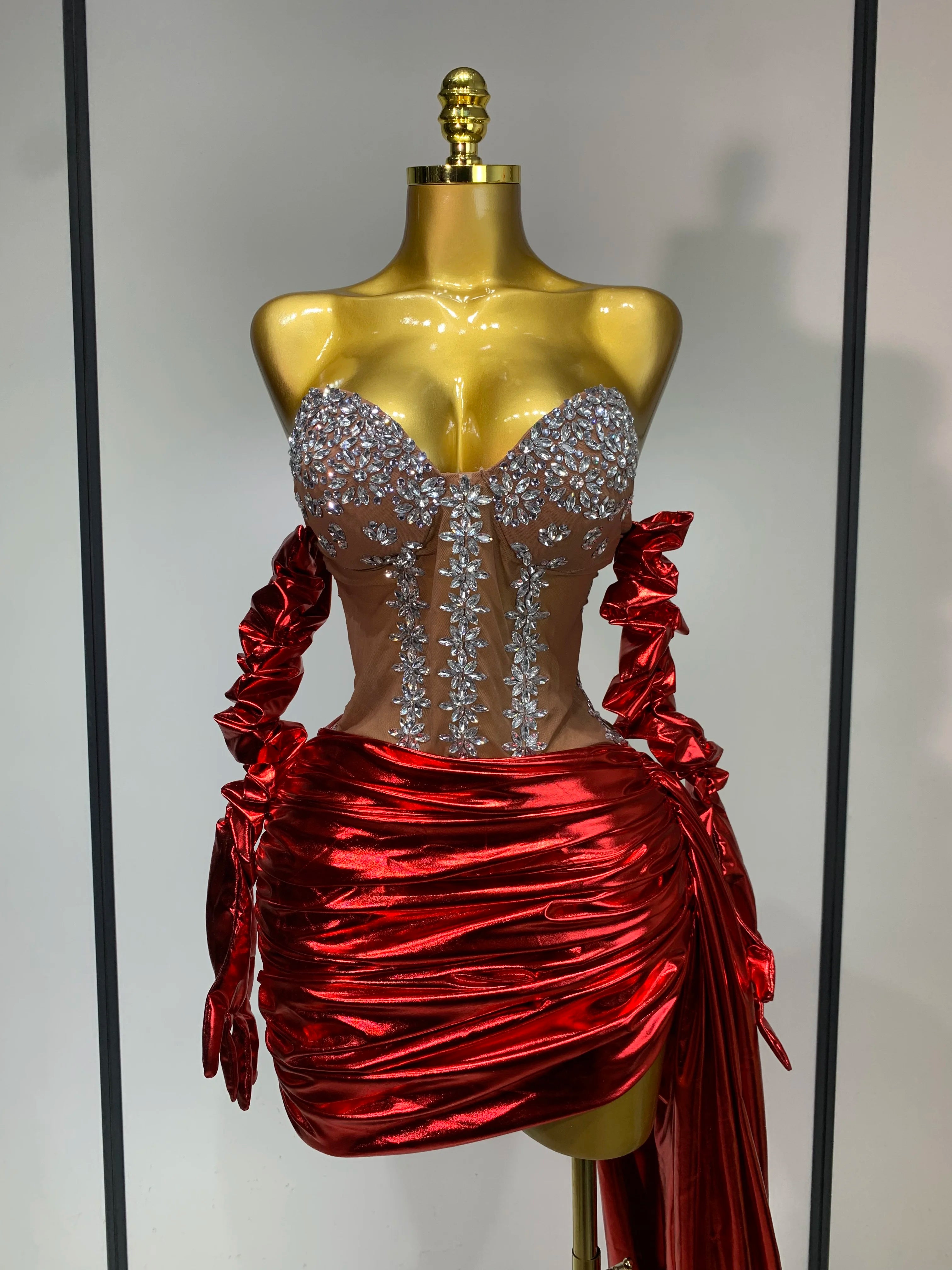 Sparkly Diamonds Sexy Mesh See Through Mini Dress Glove Women Celebrate Party Luxury Birthday Nightclub Perform Stage Outfit Red