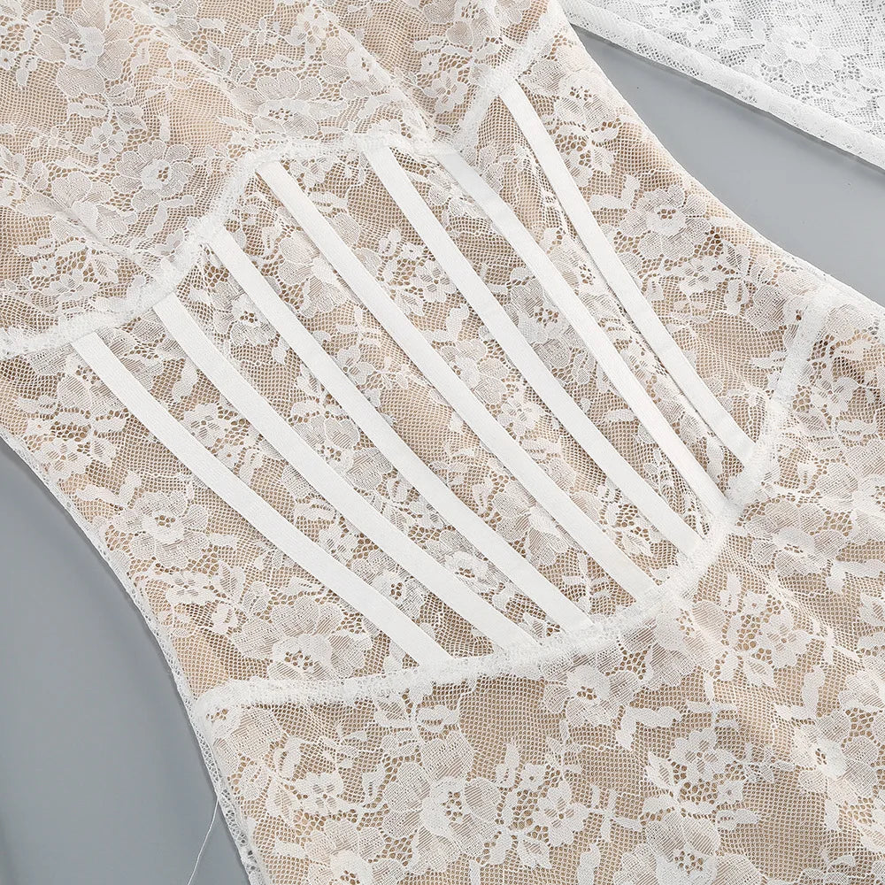 White Lace Long Sleeve Sexy Bodycon Mini Dress Celebrate Nightclub Party Birthday Photo Shoot Wear 2025 New Spring