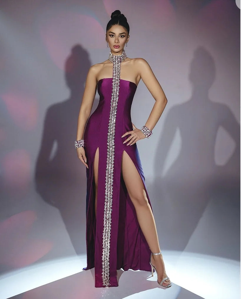 Purple Black Sparkly Crystal Women Sexy Off the Shoulder Halter Bodycon Long Bandage Dress Elegant Evening Party Prom Dress PURPLE