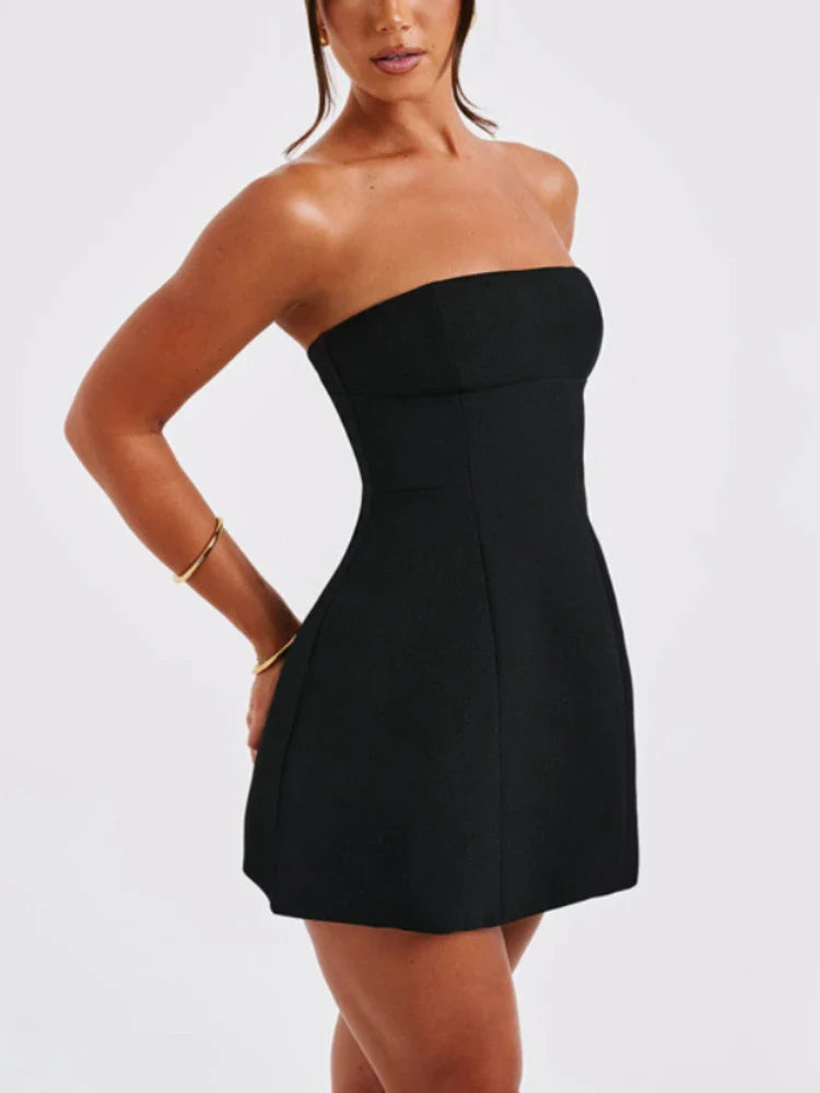 HOUZHOU Elegant Strapless Short Dresses for Women Summer Sexy Vintage Slim A-line Black Party Dresses Graduation Prom