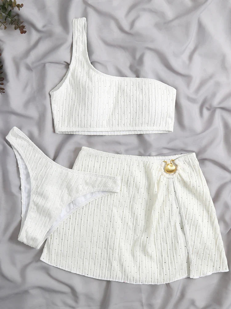 2023 New 3 Pieces Set Swimsuit Women Thong Swimwear Sexy One Shoulder Micro Bikini Set With Skirt White Beachwear Bathing Suit white