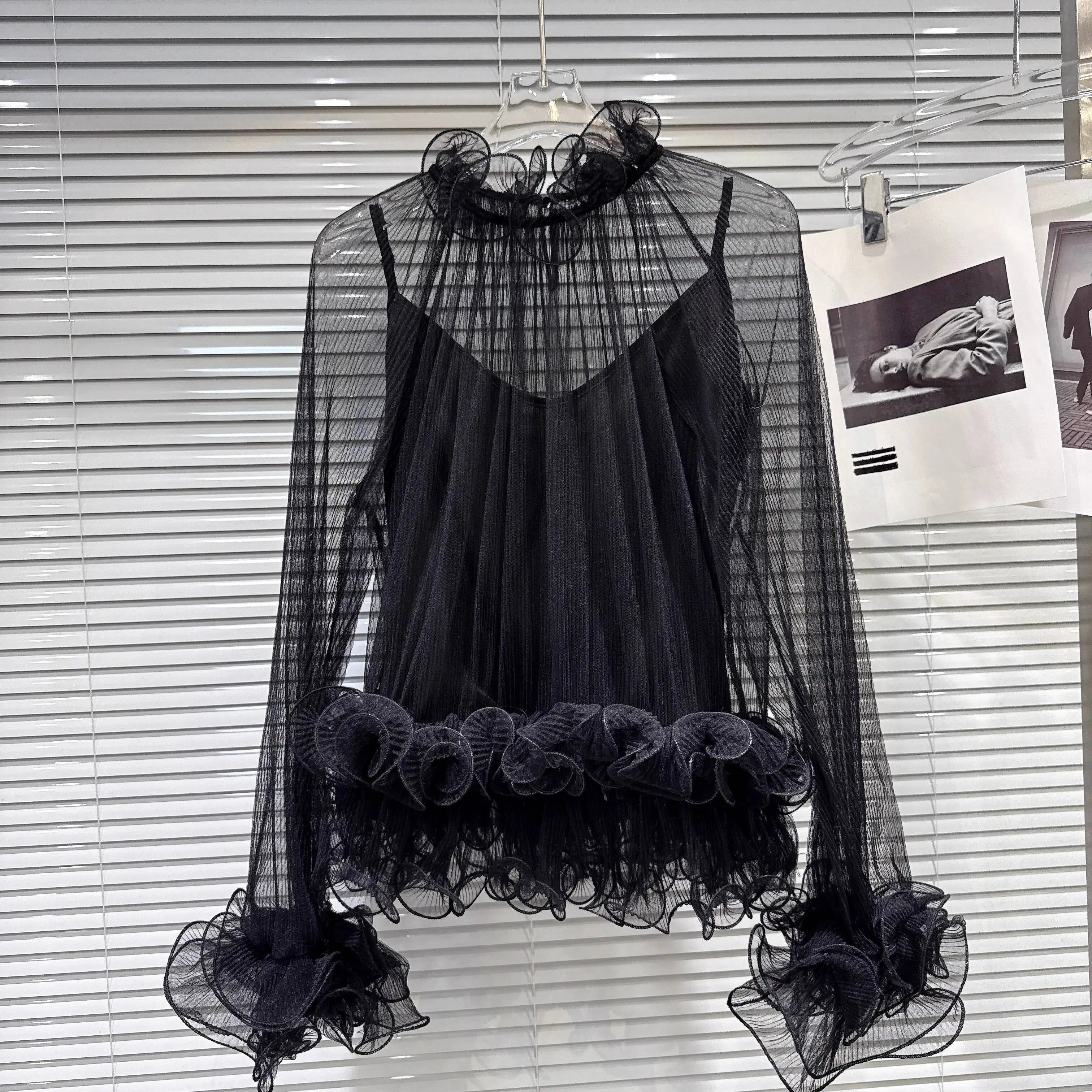 Winter New Items Style Elegant Ruched Lace Inner Camisole Chiffon Blouse For Women Loose Versatile Shirts 11A07896 Black One Size