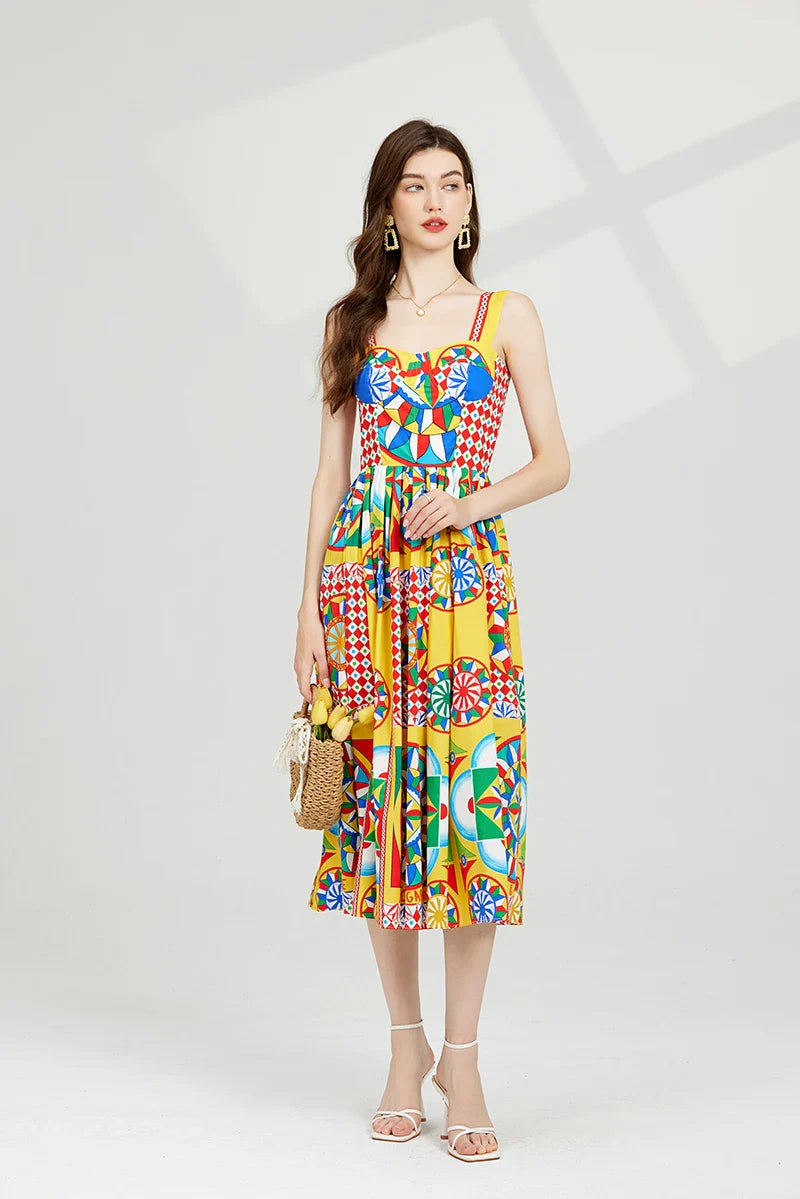 JAMERARY Floral Midi Long Rainbow Stripe Dress Women Fashion Runway Summer A Line Elastic Back Letters Print Vestidos 2023 New