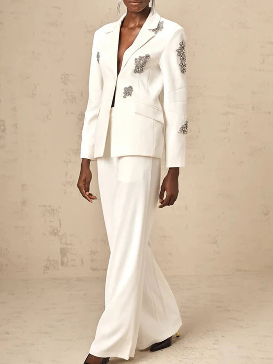 Solid Fashion Two Piece Set for Women Notched Spliced Pockets Blazer High Waist Wide Leg Pants Female Clothing New