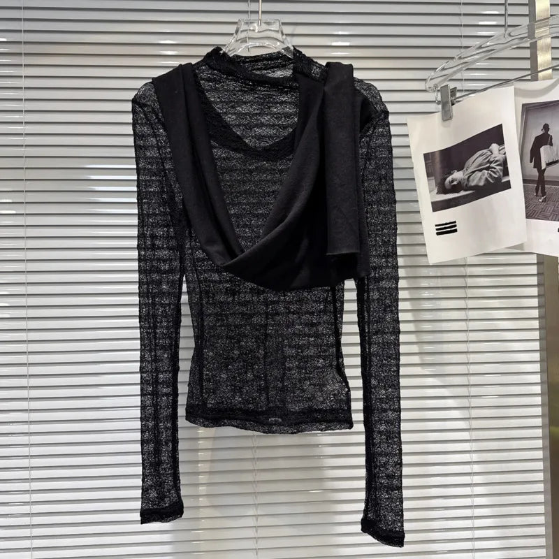 Winter New Niche Ribbon Scarf Design Long Sleeve Lace Shirts For Women Versatile O-neck Tops Female Trendy 11A07938 Black