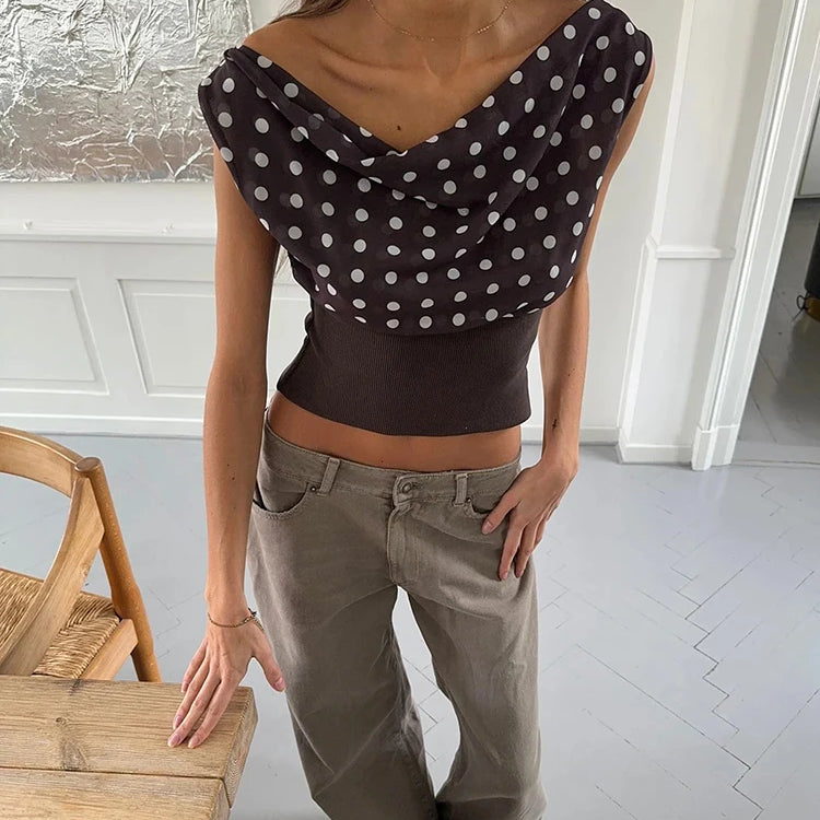 Mozision Backless Polka Dot Crop Tops Women Vest Fashion Summer New Oblique Shoulder Sleeveless Tank Tops Pullovers Female