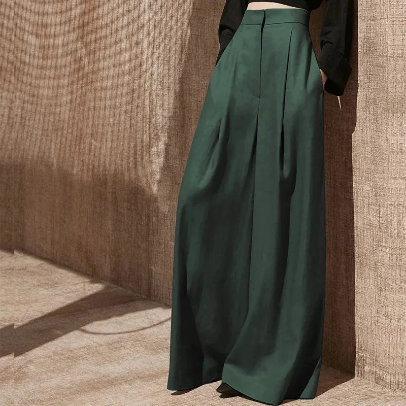 High Waisted Wide Leg Pants Spring/Autumn Thin Casual Floor Mops Women's Trendy Korean Slim Drape Leg Pants Streetwear Trousers Dark green