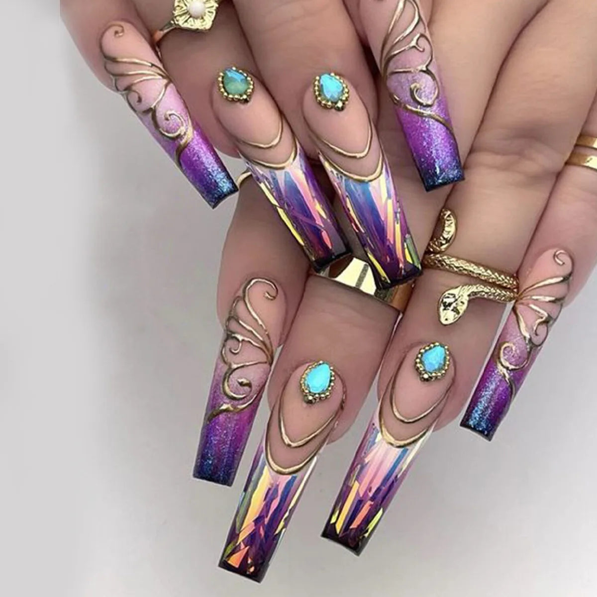 24pcs/set Medium long fake nails square ballet tips flowers butterfly for spring summer season blue green press on false nail 888