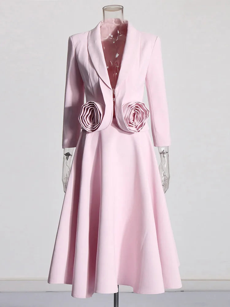 Elegant Two Piece Set For Women Shawl Collar Long Sleeve Spliced Appliques Top High Waist A Line Skirt Slim Sets