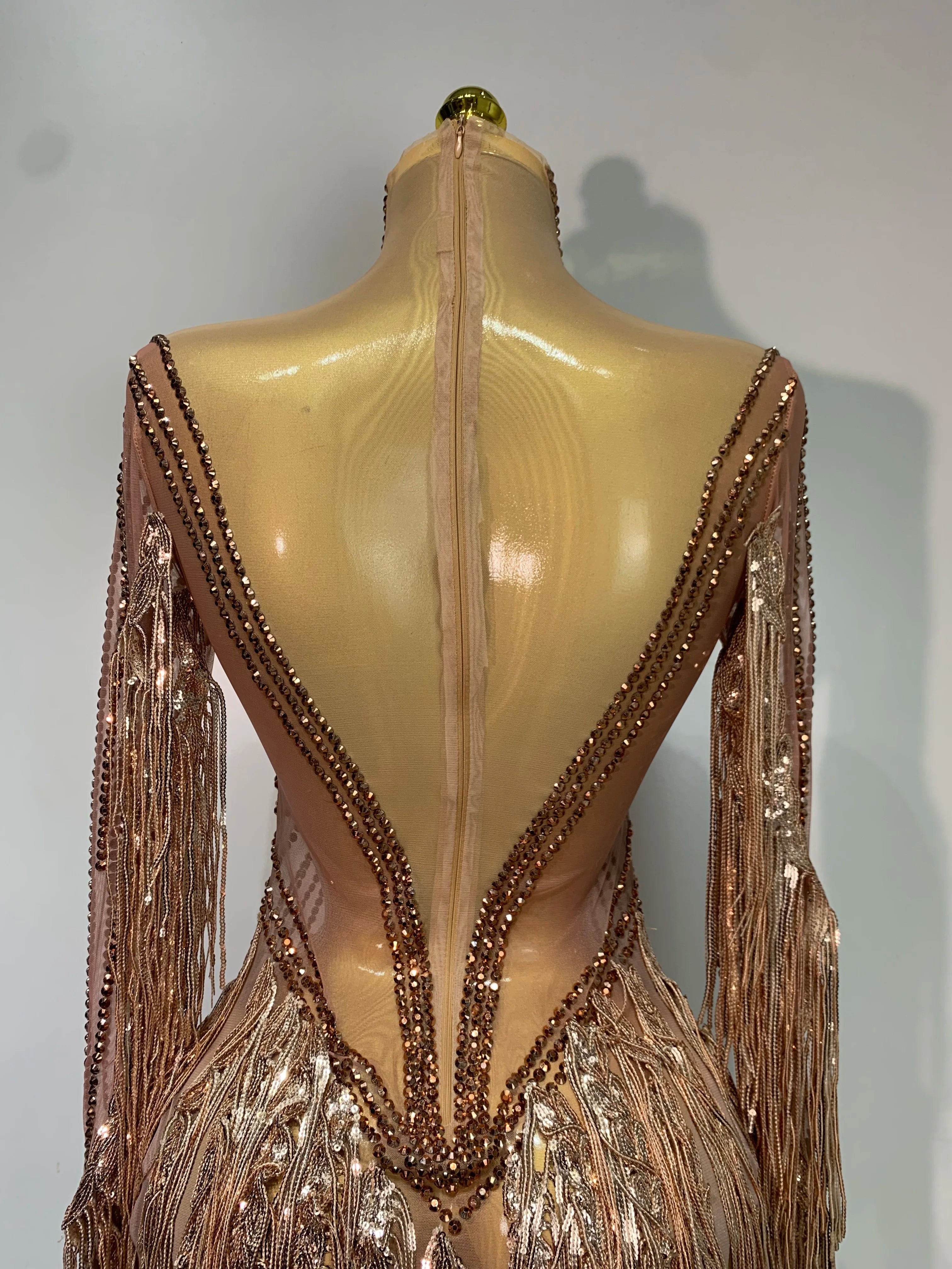 Women Sexy Long Sleeve Tassel Diamond Dress Luxury Birthday Evening Party Costume Nightclub Celebrity Stage Performance Outfit