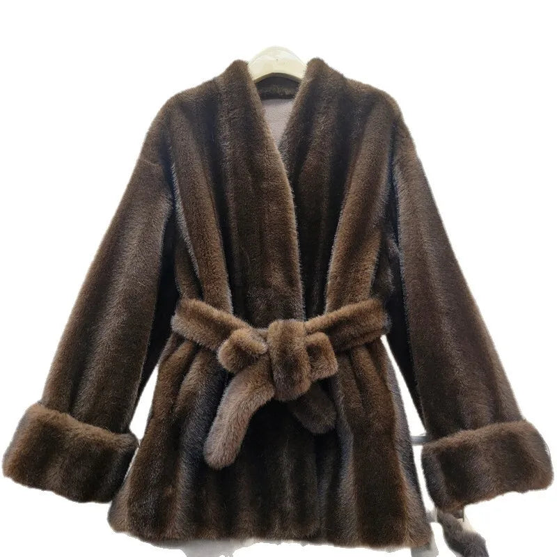 Autumn Winter New Fashion Style Faux Mink Fur Belted Coat For Women High Quality Soft Lace-up Waist Jacket 11A07840