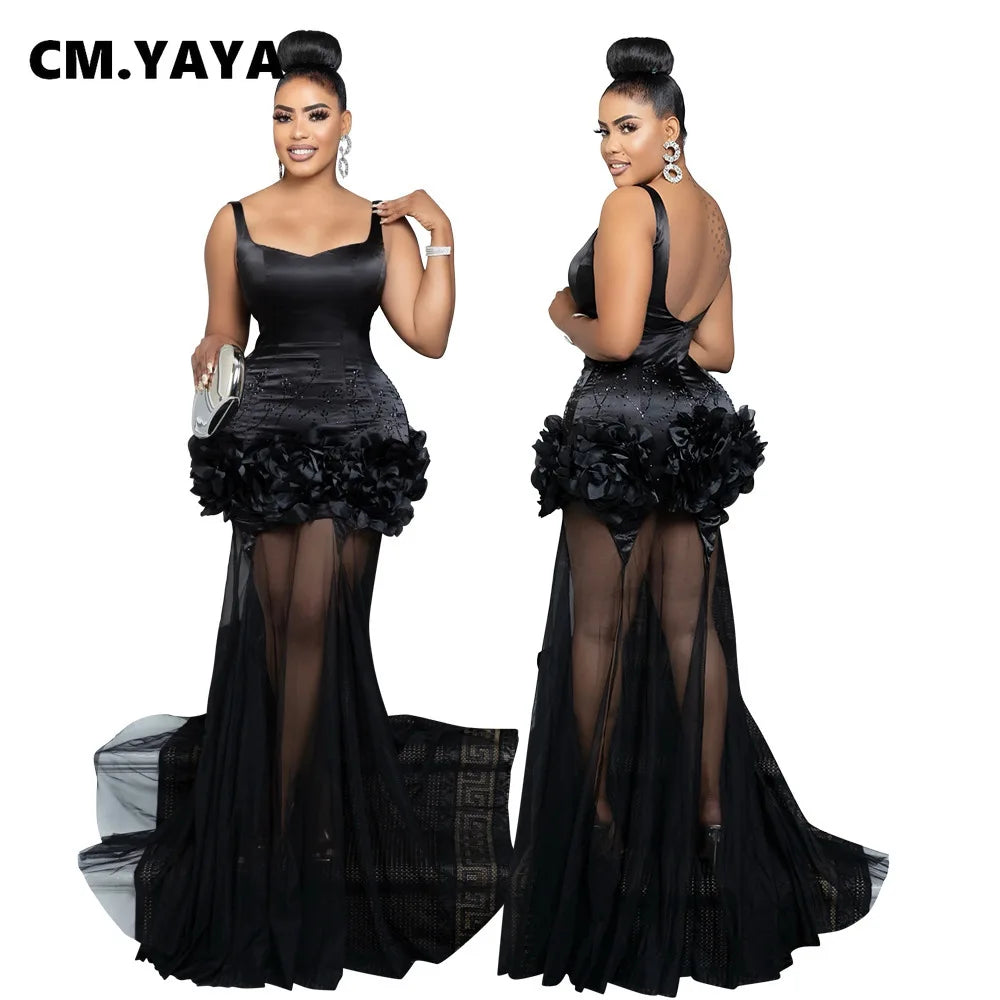 Diamonds 3D Flower Mesh See Through Women Sleeveless Bodycon Long Dress Birthday Party Evening Prom Maxi Mermaid Dresses