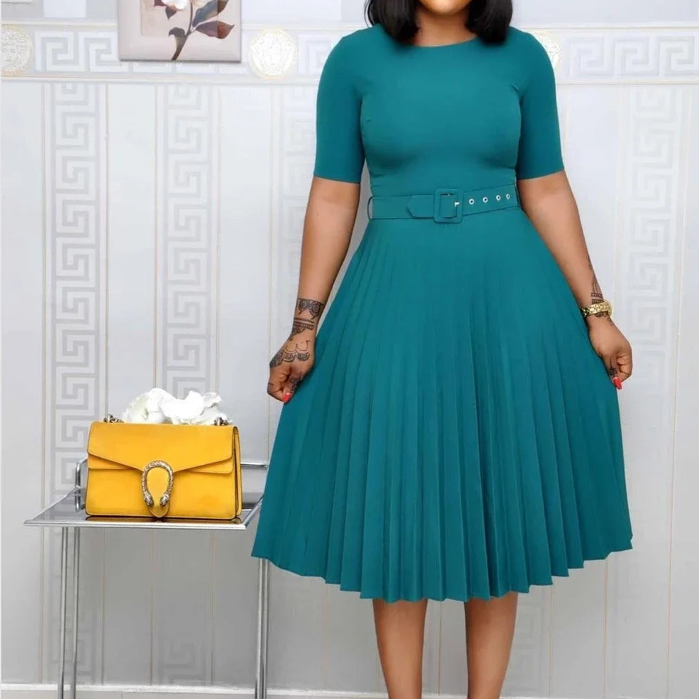 Summer Midi Pleated Dress Short Sleeve Office Lady Africa Sashes Women High Waist Elegant Dresses Vestidos