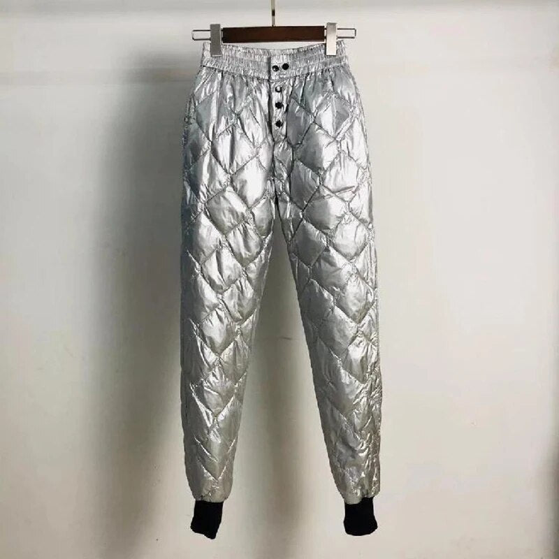 Women Glossy Diamond Down Pant 2024 Winter Fashion High Waist Harem Trousers Plus Size Warm Padded Quilted Pantalones Windproof