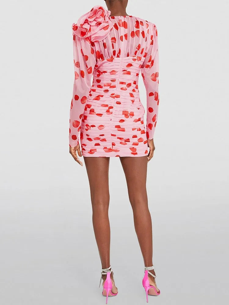 Print Patchwork Floral Cut Out Dress For Women V Neck Long Sleeve High Waist Folds Mini Dresses Female Clothes New