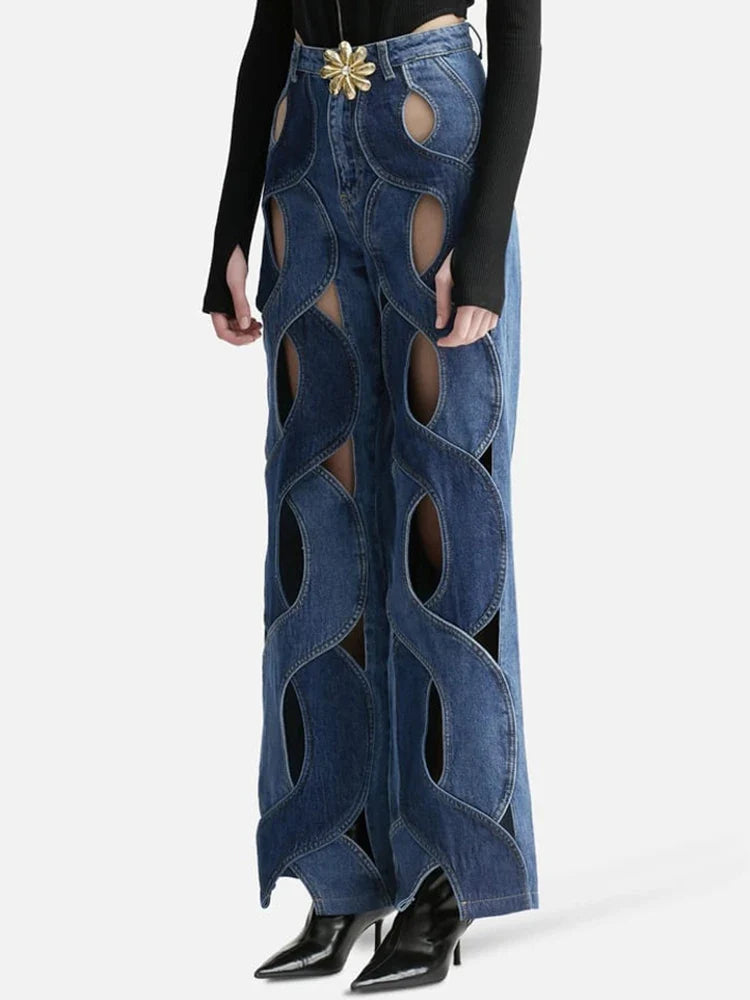 DEAT Fashion Women's Jeans High Waist Cross Contrast Color Hollow Out Metal Button Straight Denim Pants Summer New 17A8765H