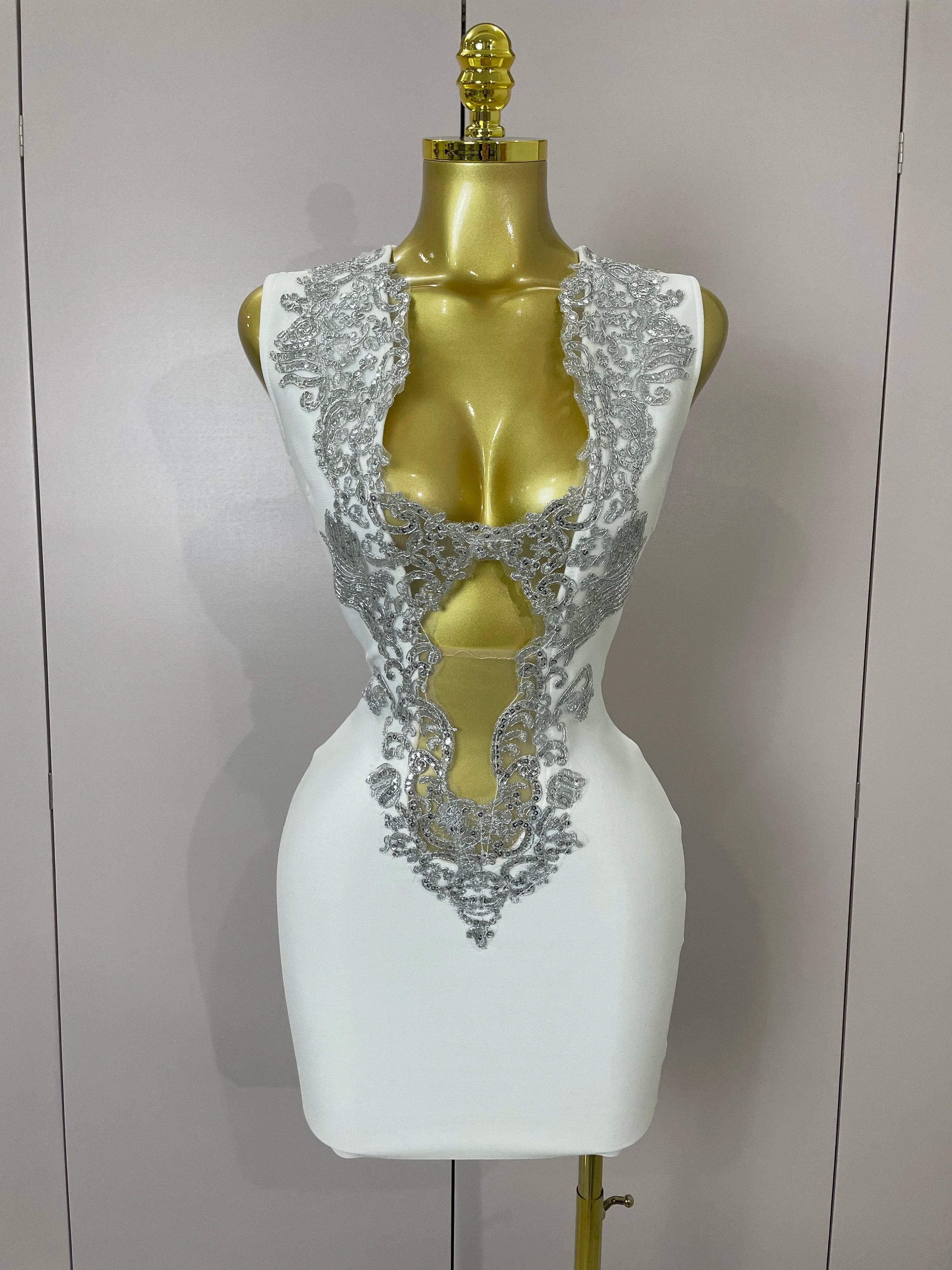 Sexy Silver Sequin White V Neck Cut Out Short Bandage Dress Women 2025 New Elegant Luxury Birthday Party Club Wedding Vestidos WHITE