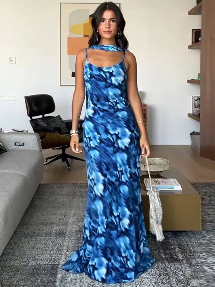 Halter Backless Print Sexy Maxi Dress For Women Gown Elegant Blue Printed Lace-up Sleeveless Evening Long Dress