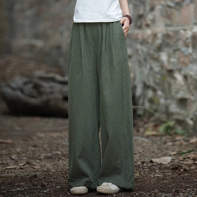 Vintage Casual Cotton Linen Female Pants Spring Summer Korean Style Elastic Waist Solid Women Long Straight Wide Leg Pants green One Size