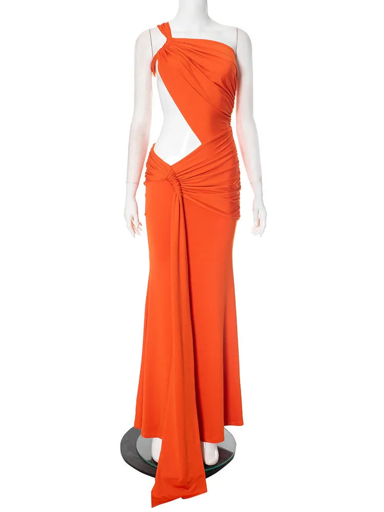 Mozision Irregular Ruched Sexy Maxi Dress For Women Gown Hollow Out One Shoulder Sleevelessdraped Bodycon Club Party Long Dress