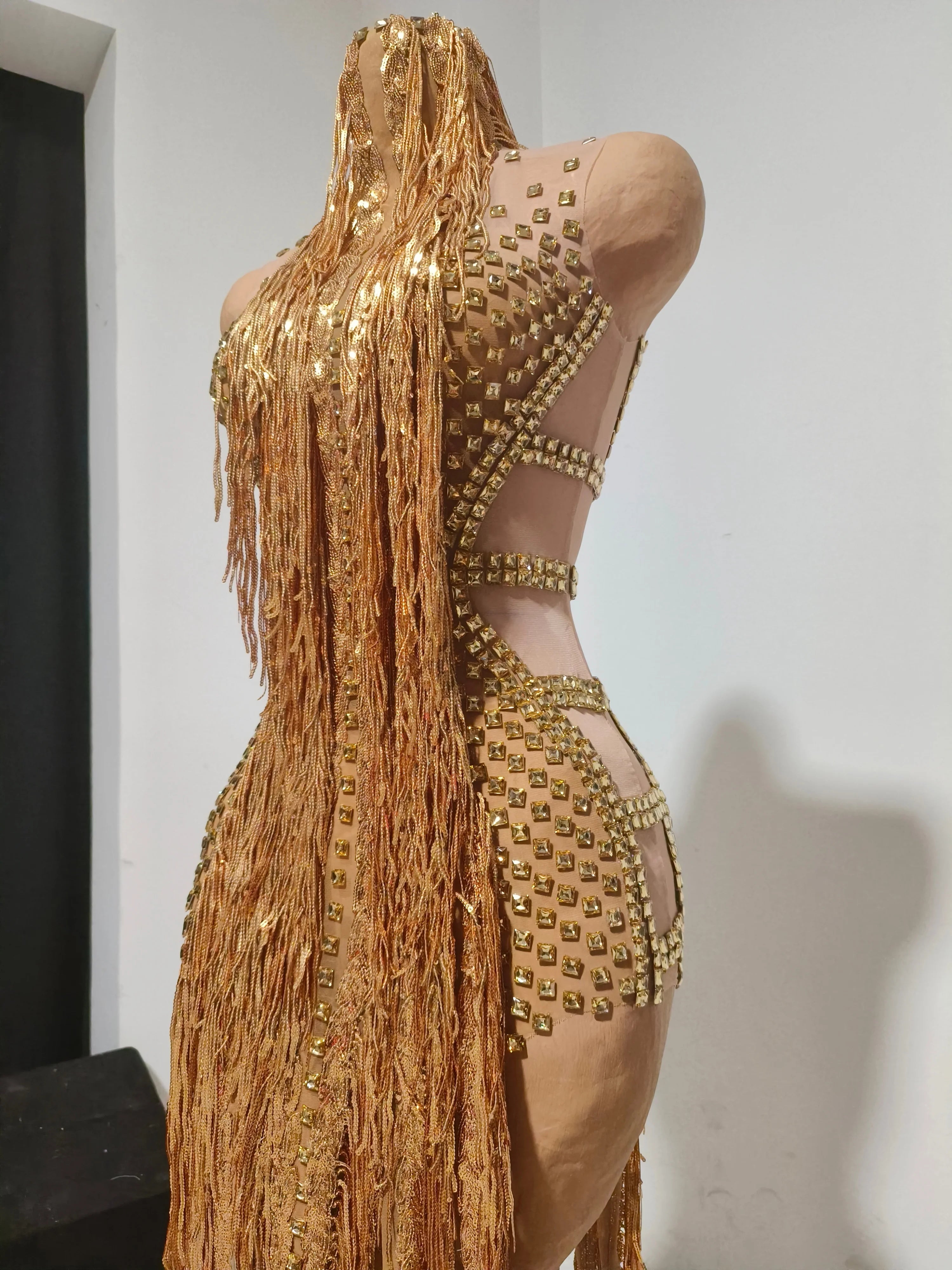 Opulent Gold Halter Neck Mini Dress Women Sexy Crystal Embellished Fringe Trim Form-Fitting Outfit Formal Event Party Costume