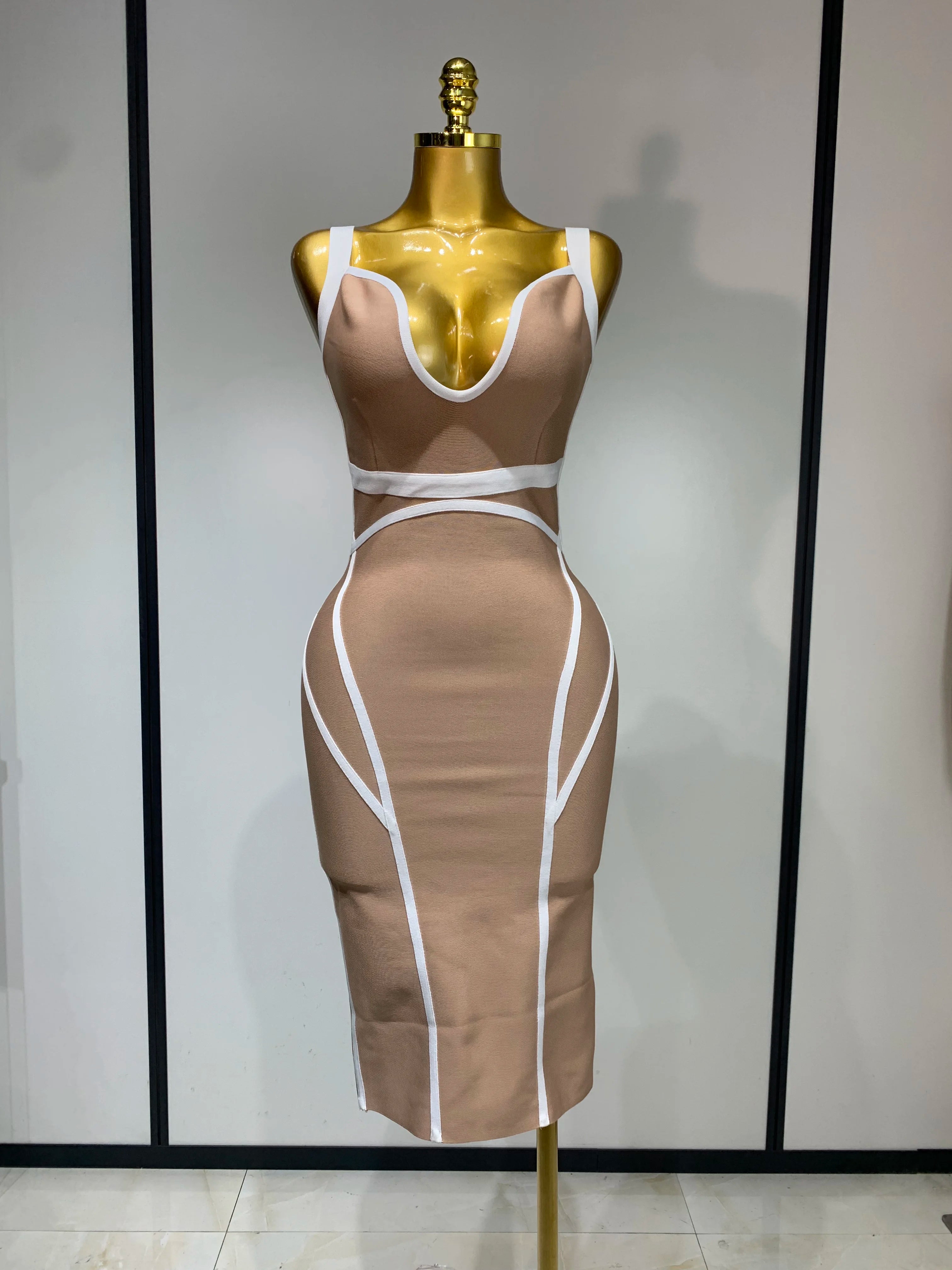 Women Sexy V Neck Striped Midi Bandage Bodycon Dress 2025 Celebrity Elegant Evening Club Party Luxury Birthday Outfit Khaki