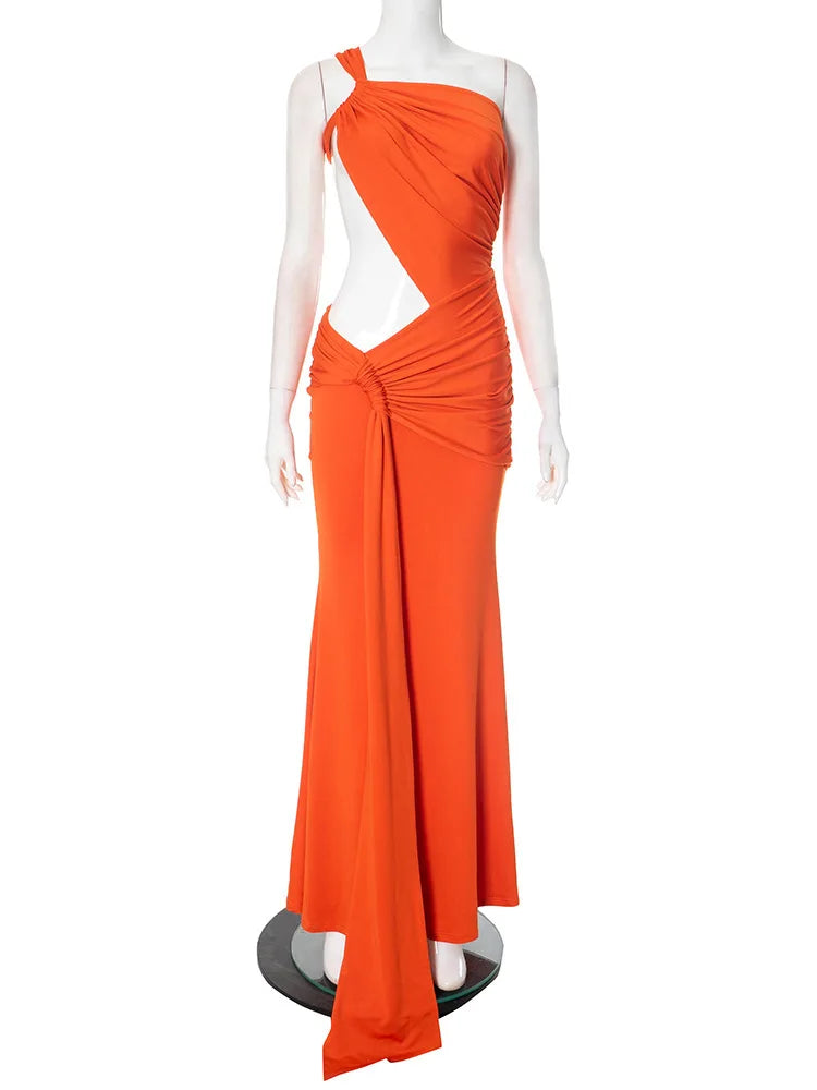Mozision Irregular Ruched Sexy Maxi Dress For Women Gown Hollow Out One Shoulder Sleevelessdraped Bodycon Club Party Long Dress Orange