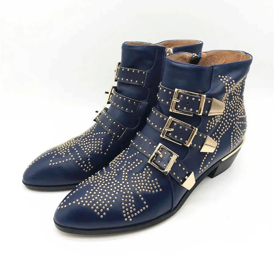 Women's Ankle Boots Rivet Flower Susanna Studded Cowboy Boots Genuine Leather Luxury Shoes Ladies Botines Mujer blue leather Gold