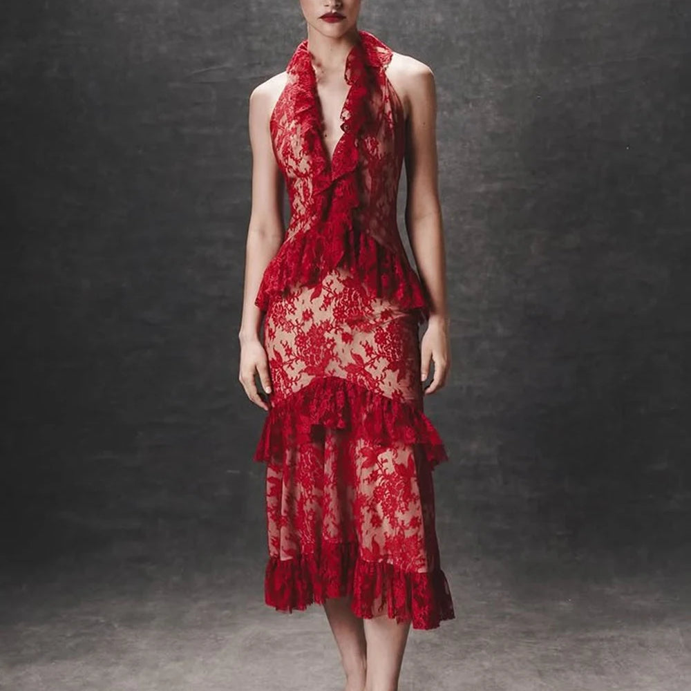 Sexy Lace Midi Halter Dress Women Red Ruffle Backless Sleeveless Party Dresses 2025 Summer Lady Vacation Robes New