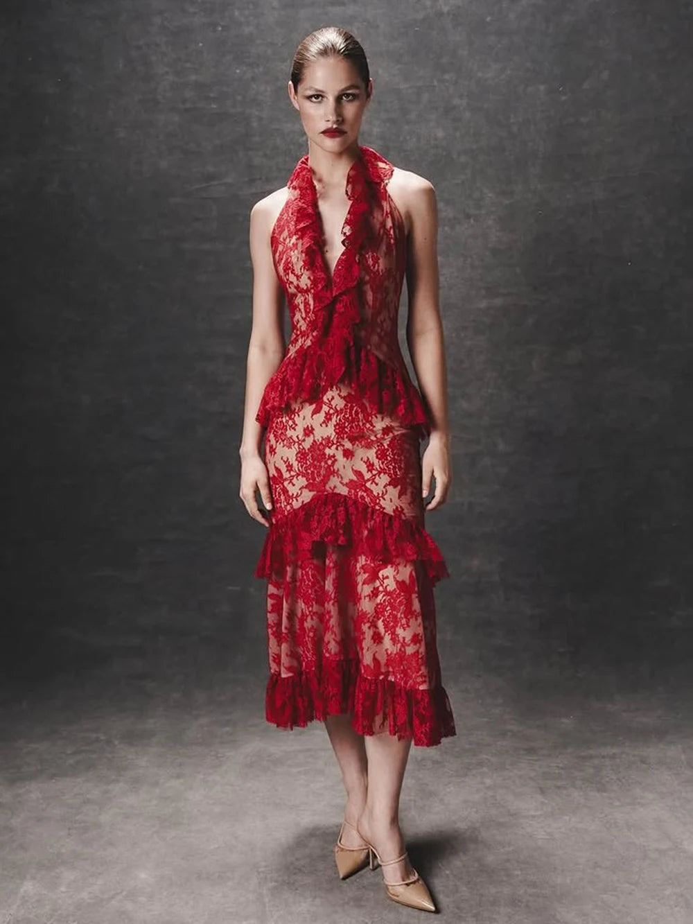 Sexy Lace Midi Halter Dress Women Red Ruffle Backless Sleeveless Party Dresses 2025 Summer Lady Vacation Robes New