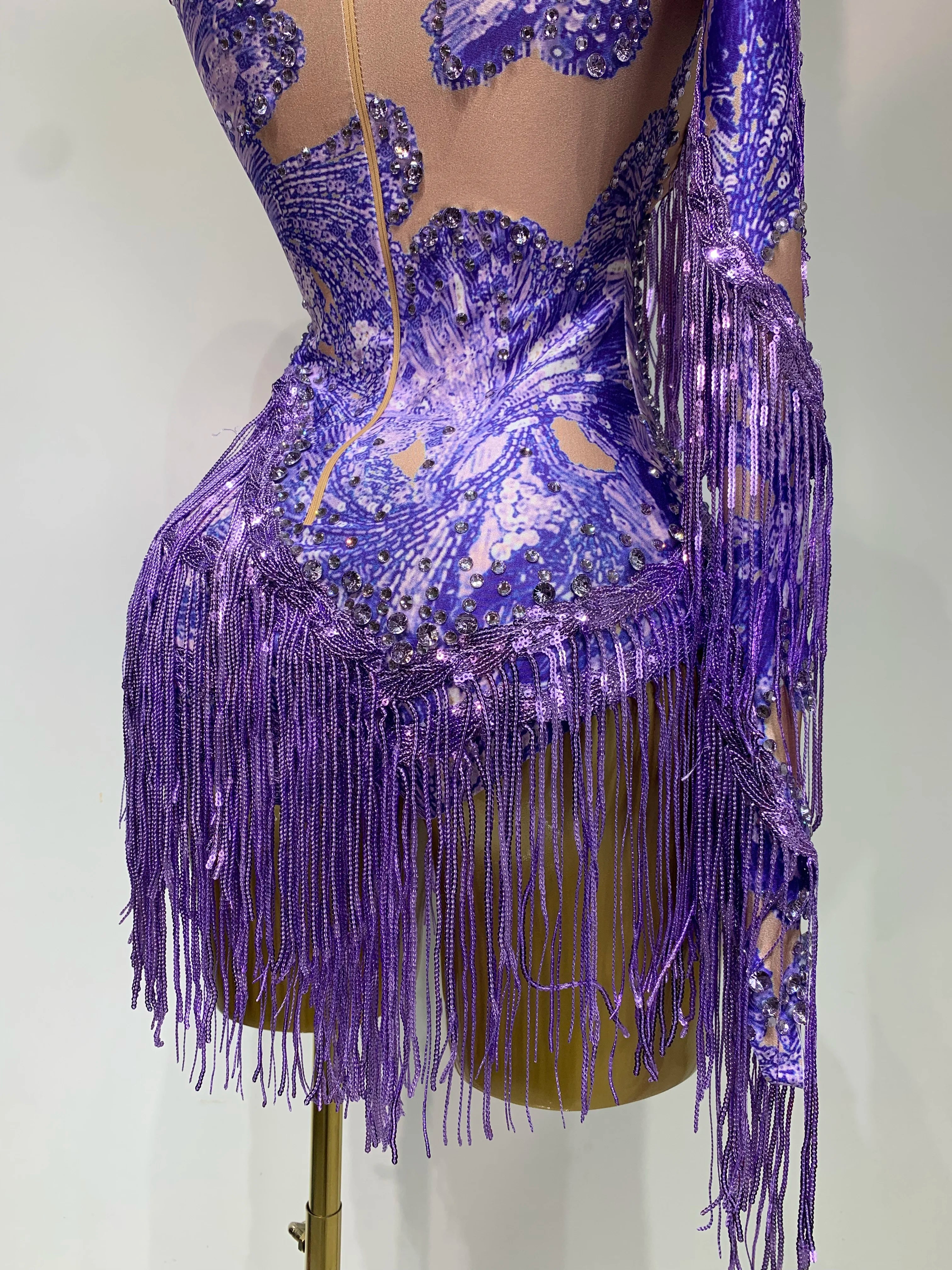 Sexy Sparkly Purple Rhinestones Tassel One Shoulder Sleeve Mini Dress Evening Party Birthday Nightclub Stage Performance Outfit