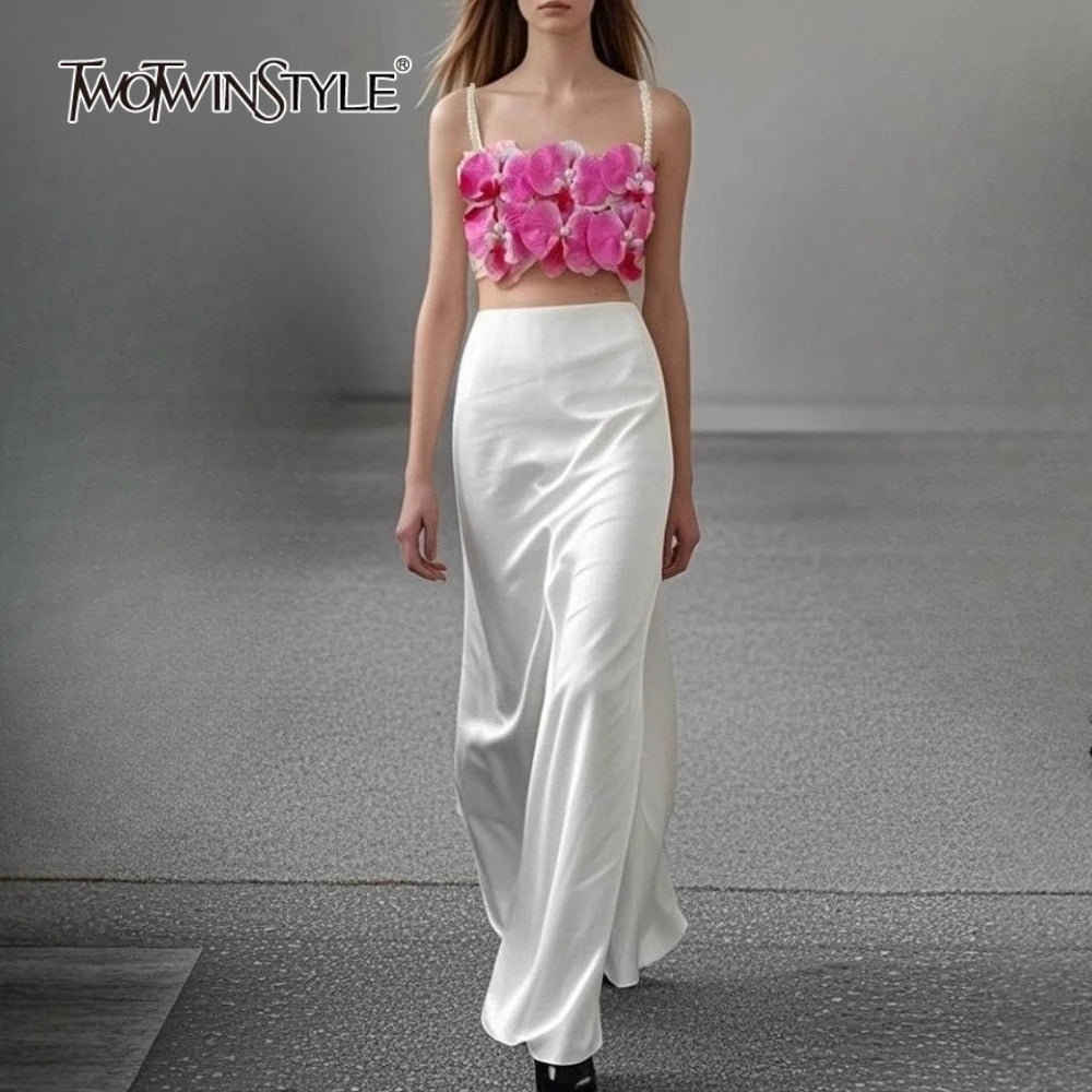 Hit Color Spliced Applique Two Piece Sets for Women Square Neck Sleeveless Vest High Waist Skirt Elegant Set Femlae