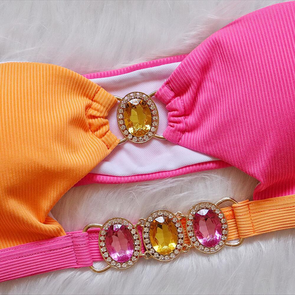 Maillot de bain Sexy, Bandeau froncé, Bikini de luxe, cristal et diamants, sans bretelles, Patchwork, vêtements de plage, d'été