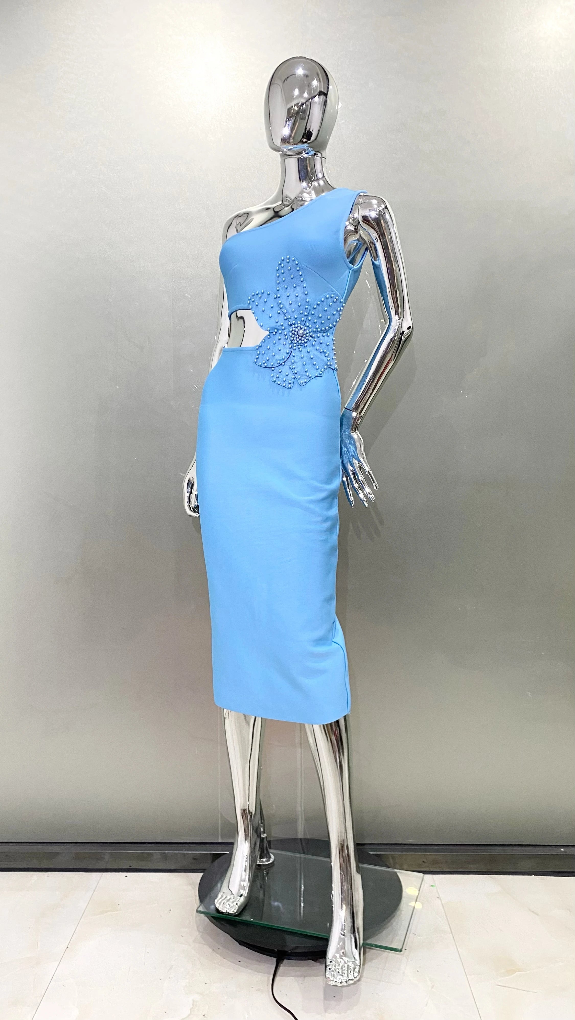 Blue Color Beading Flower Sexy One Shoulder Expose waist Mid Calf Bandage Dress Elegant Woman Evening Dress Cocktai Party Outfit